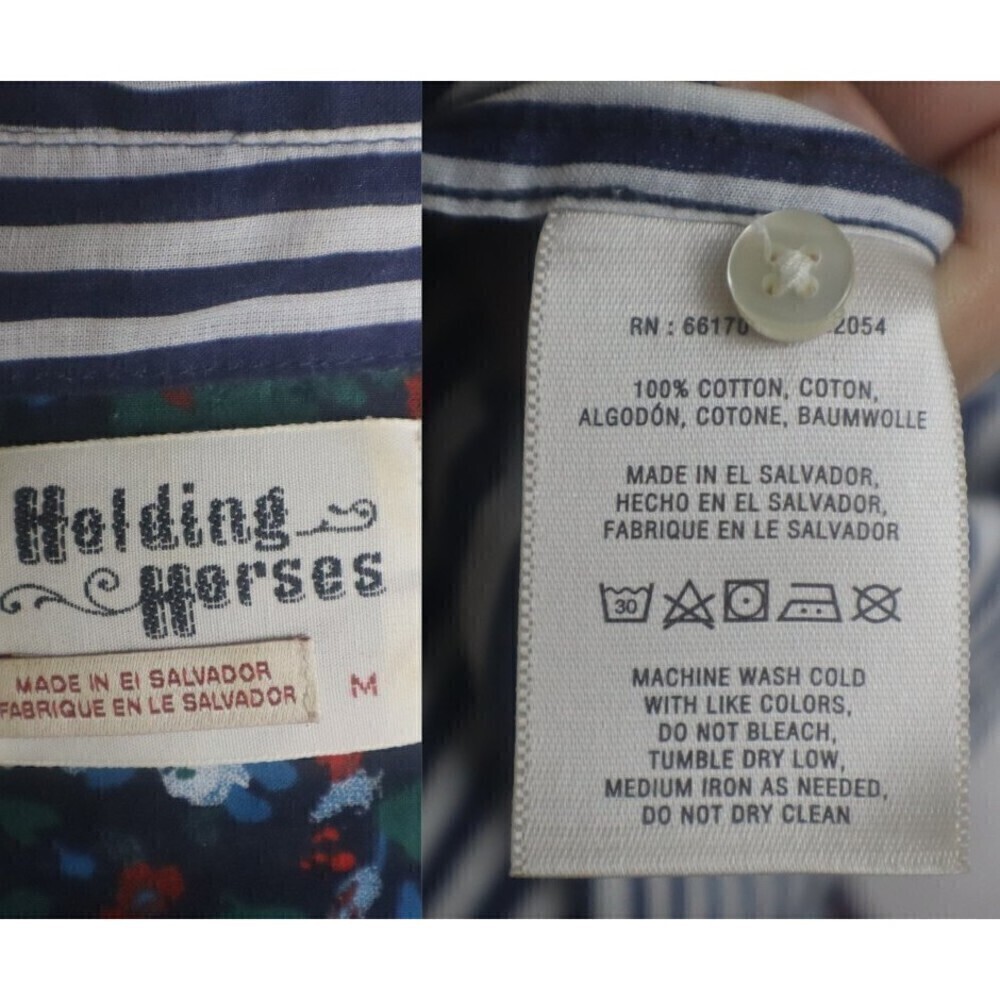 Holding Horses Women's Size M Button Stripped Floral Cotton Blouse Top Nautical - Picture 15 of 15